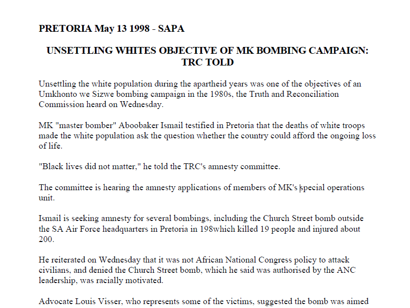 SA Air Force operation, 20 May 1983, Unsettling whites objective of MK bombing campaign: TRC told, SAPA, 13 May 1998